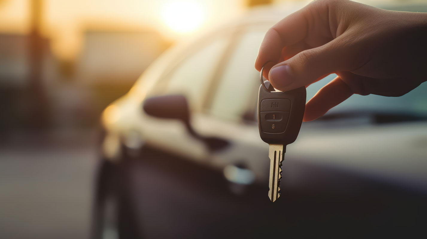 A man holding car keys in front of a car.